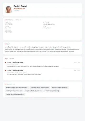 Maden Mühendisi Cv Örnekleri cv indir